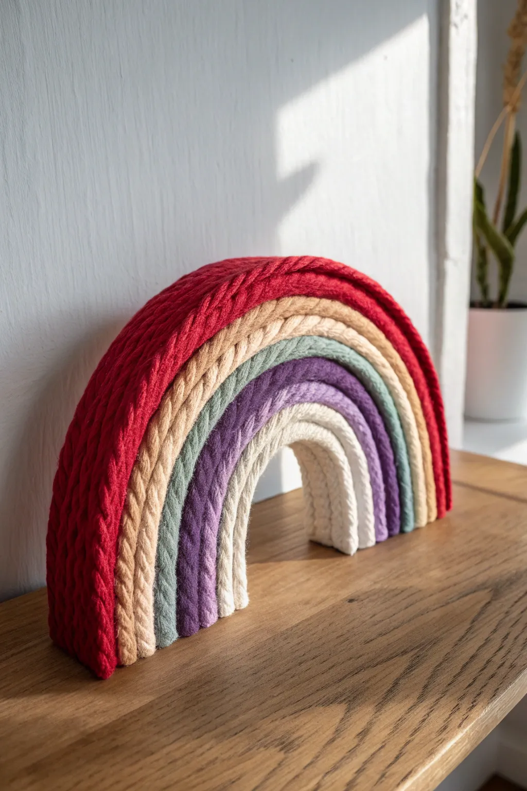 Minimalist rainbow yarn-wrapped arch with rich texture and clean Scandinavian contrast