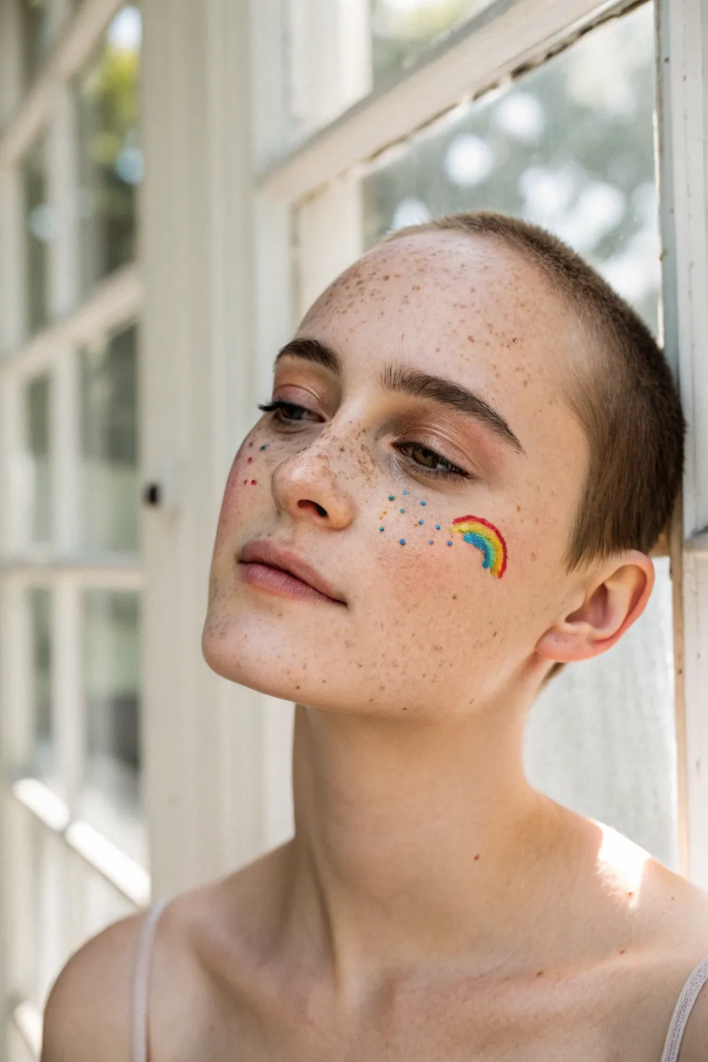 Rainbow freckles with a tiny cloud accent for an easy, minimalist face paint look.