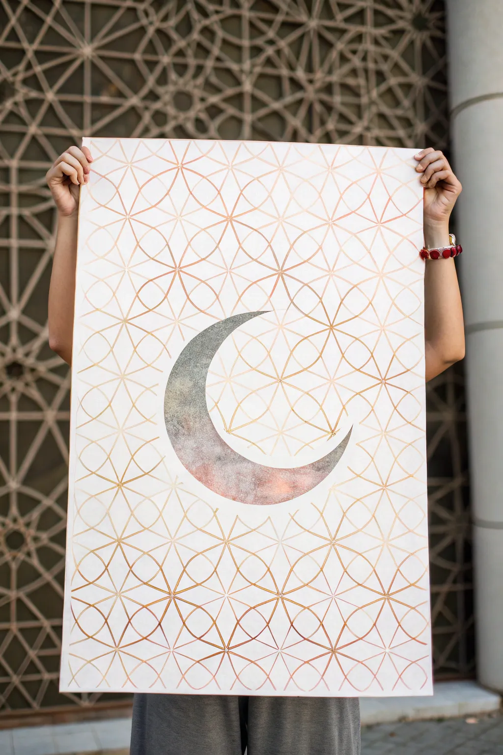 Soft Islamic geometric pattern with a centered metallic gold crescent for a modern Ramadan art idea
