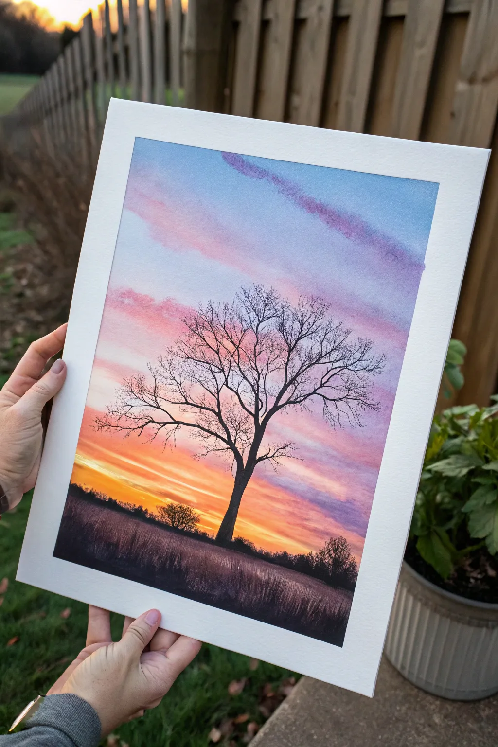 Soft sunset gradient with bold silhouette trees, a calming beginner painting idea to recreate.