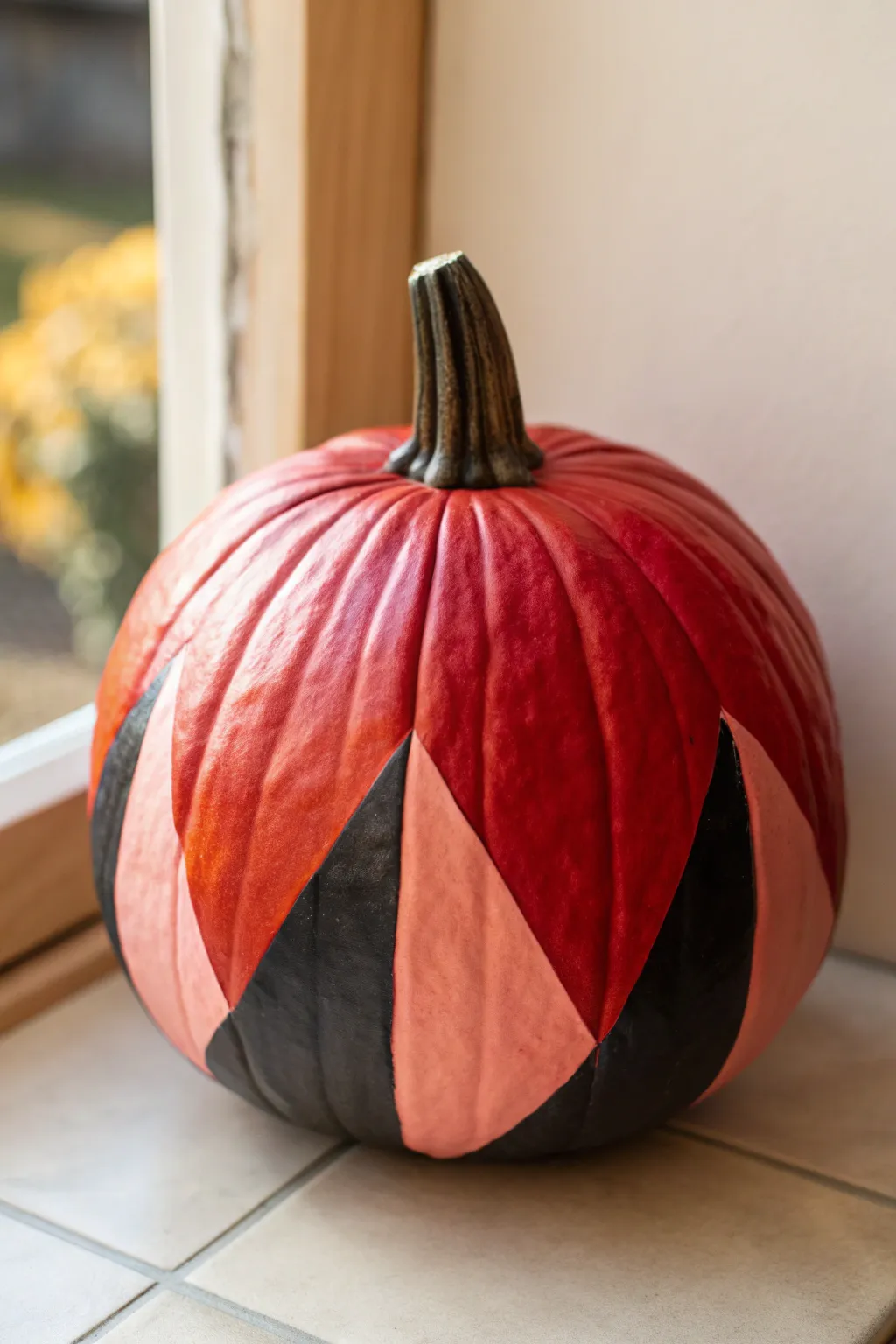 Red pumpkin with hand-painted geometric blocks, minimalist Scandinavian look and bold contrast