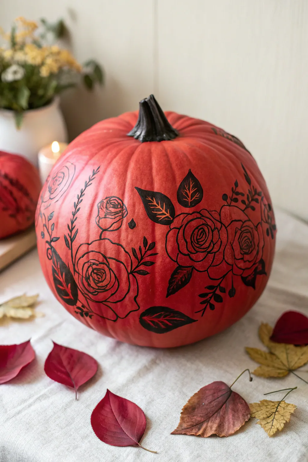 Red pumpkin painted with a rose wreath, moody minimalist styling for cozy autumn art ideas