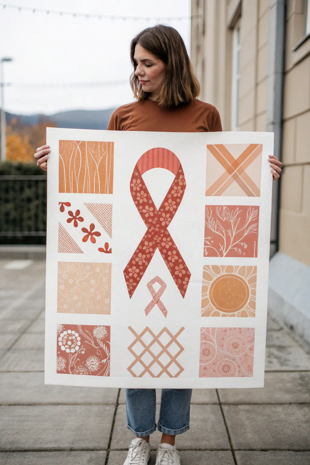 Collaborative grid mural idea: tiny pattern squares unite into one bold red ribbon.