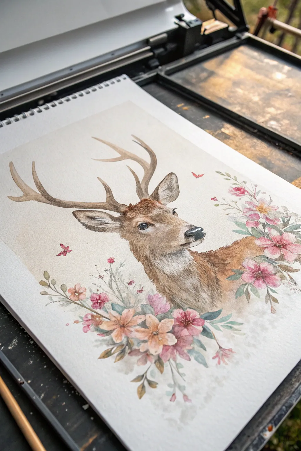 Loose watercolor reindeer with soft edges and blooming browns, calm Scandinavian minimal style.