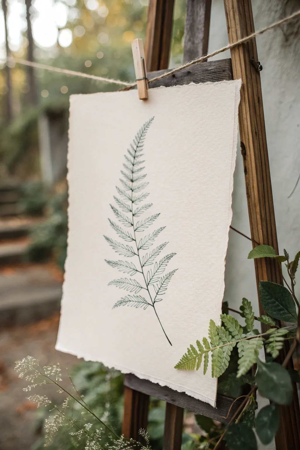 Minimal fern line art over a soft watercolor wash for a calming, beginner friendly painting session