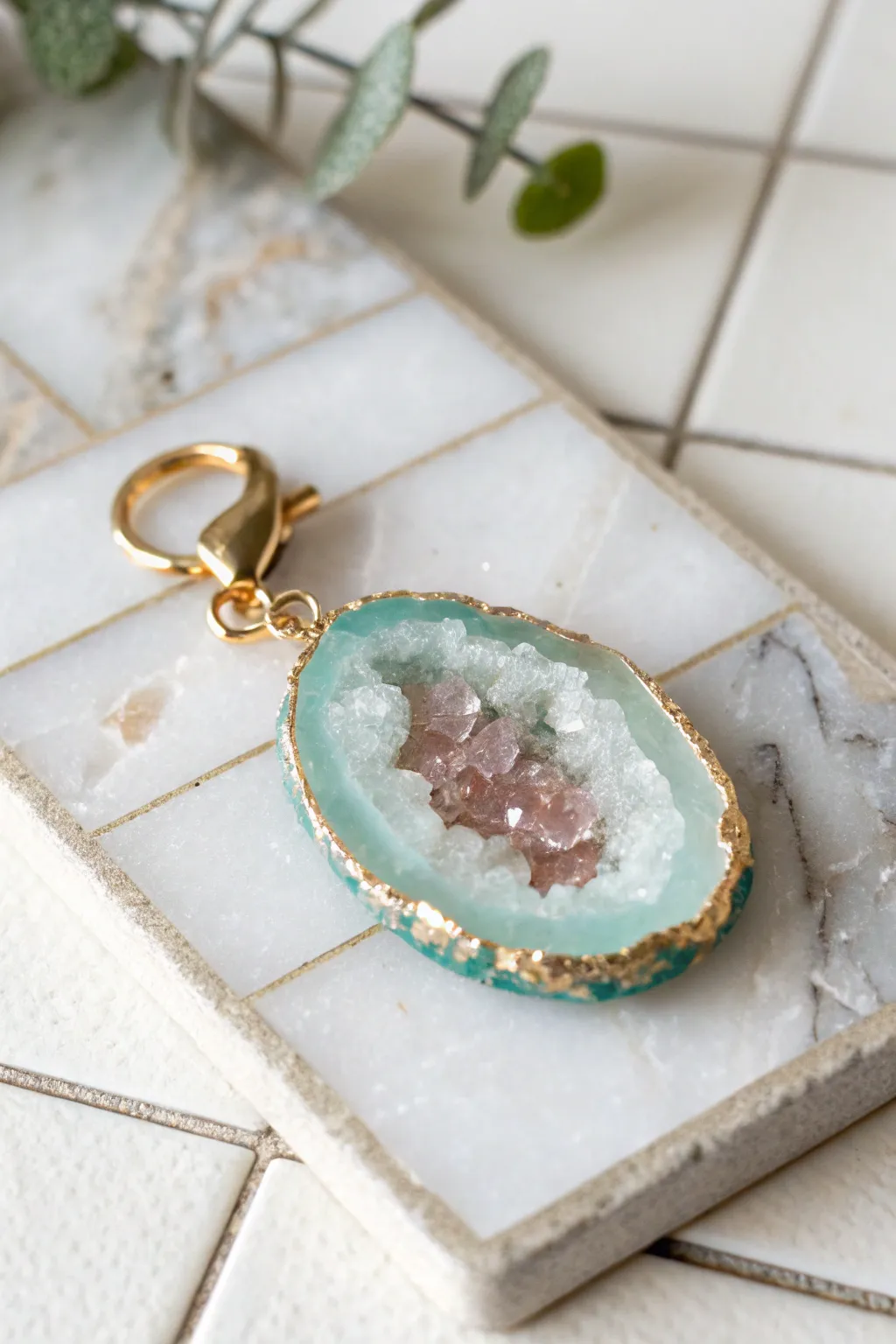 Geode-inspired resin charm with crystal chips on pale stone, minimalist Nordic contrast and glow
