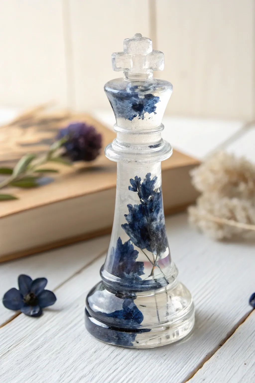 Macro resin chess queen with inky Petri alcohol-ink blooms, Scandinavian minimalist mood.