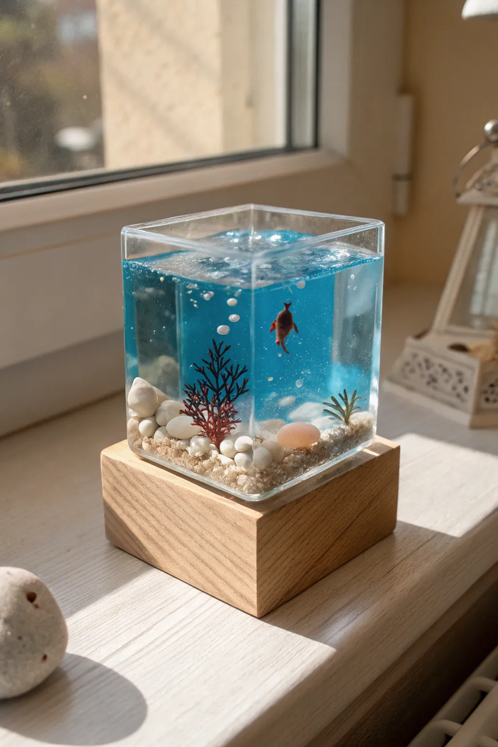 Minimal underwater aquarium resin cube with dreamy blue tint, tiny coral base, and calm Nordic styling