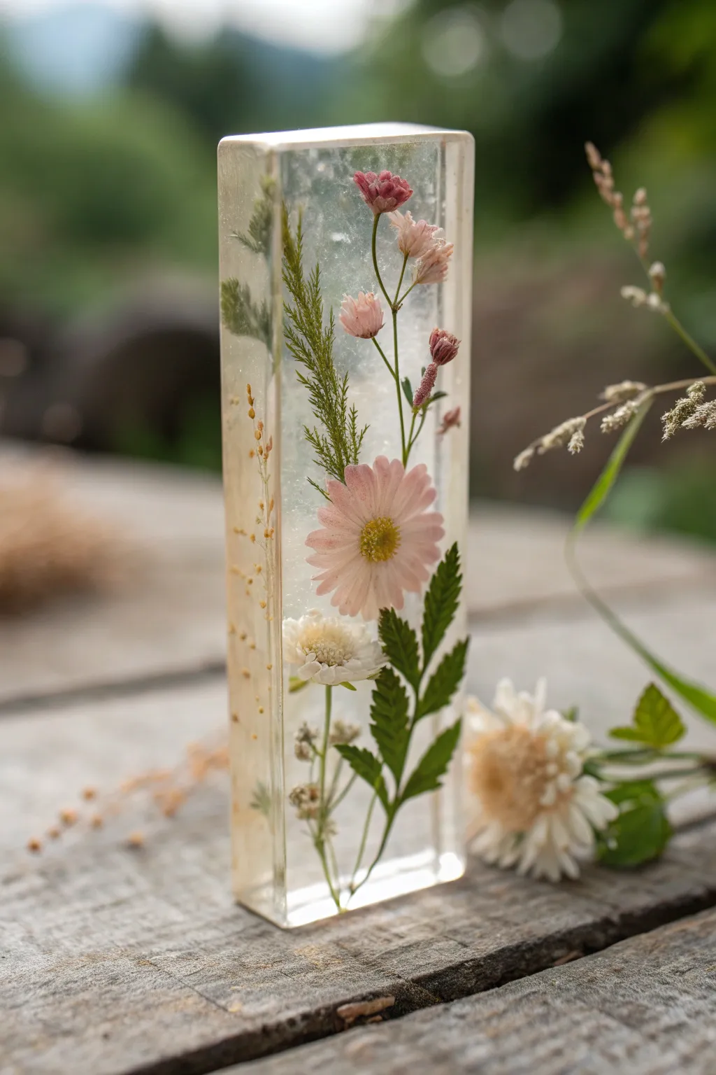 Square resin bloom block with layered flowers, soft depth, and clean Scandinavian-boho contrast