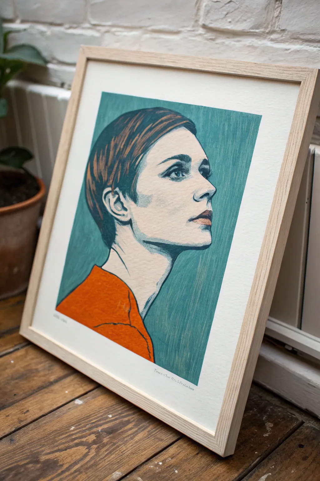 Retro portrait pop art: teal shadows and orange highlights in a clean Scandinavian boho style