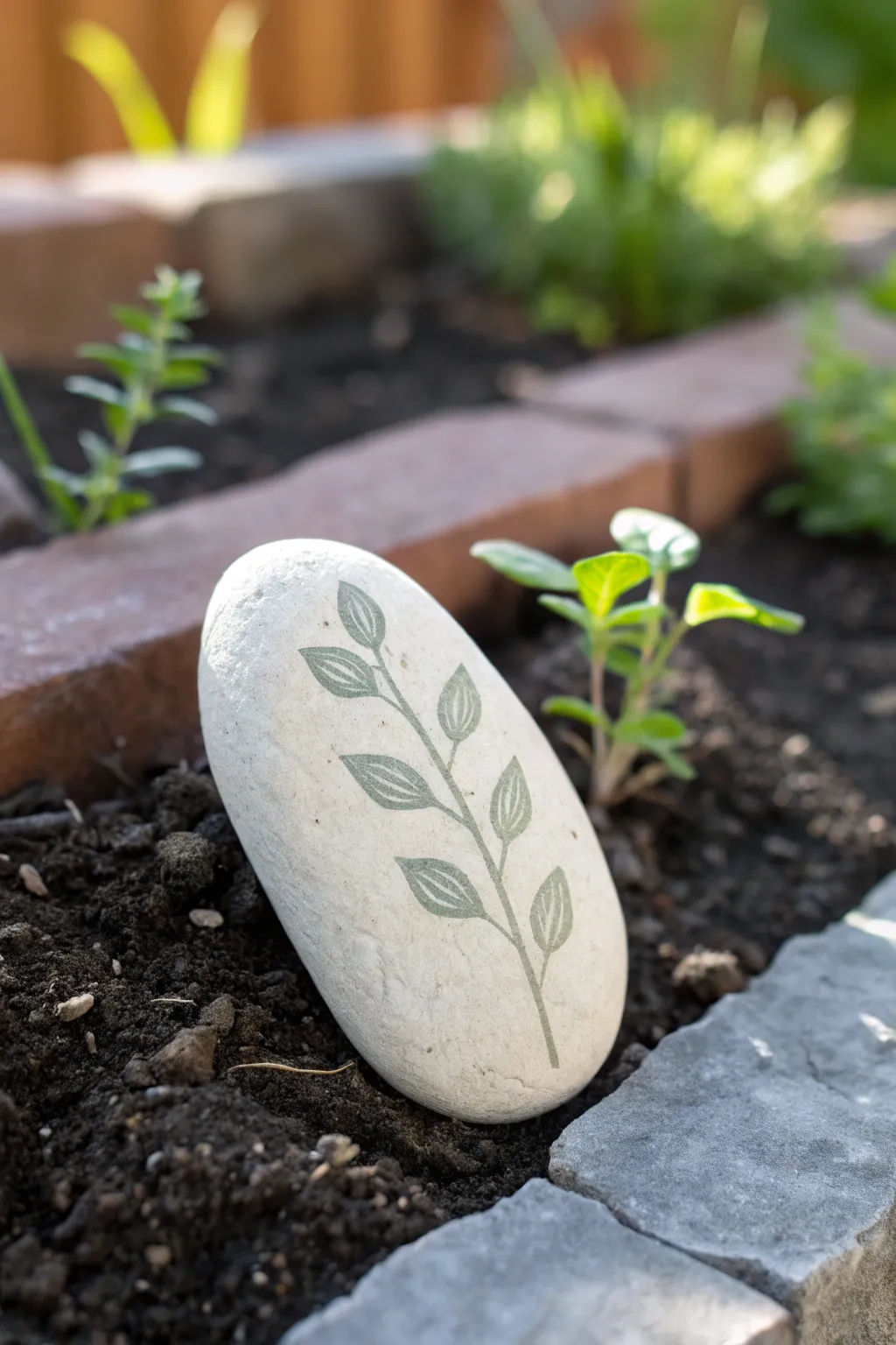 Scandi-minimal painted river rock marker with a leafy icon, styled in soil for garden charm.