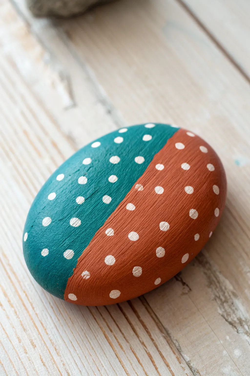 Easy color-block rock with crisp polka dots, styled on pale wood in soft Nordic light.
