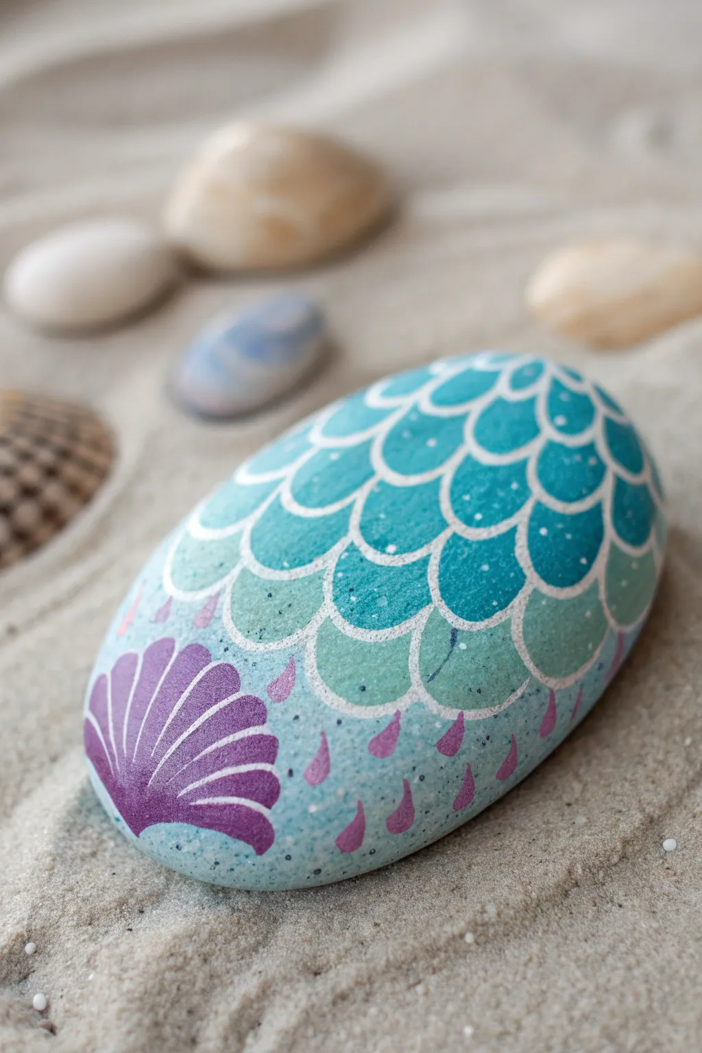 Mermaid tail rock painting in aqua and purple, a simple beachy craft kids will love