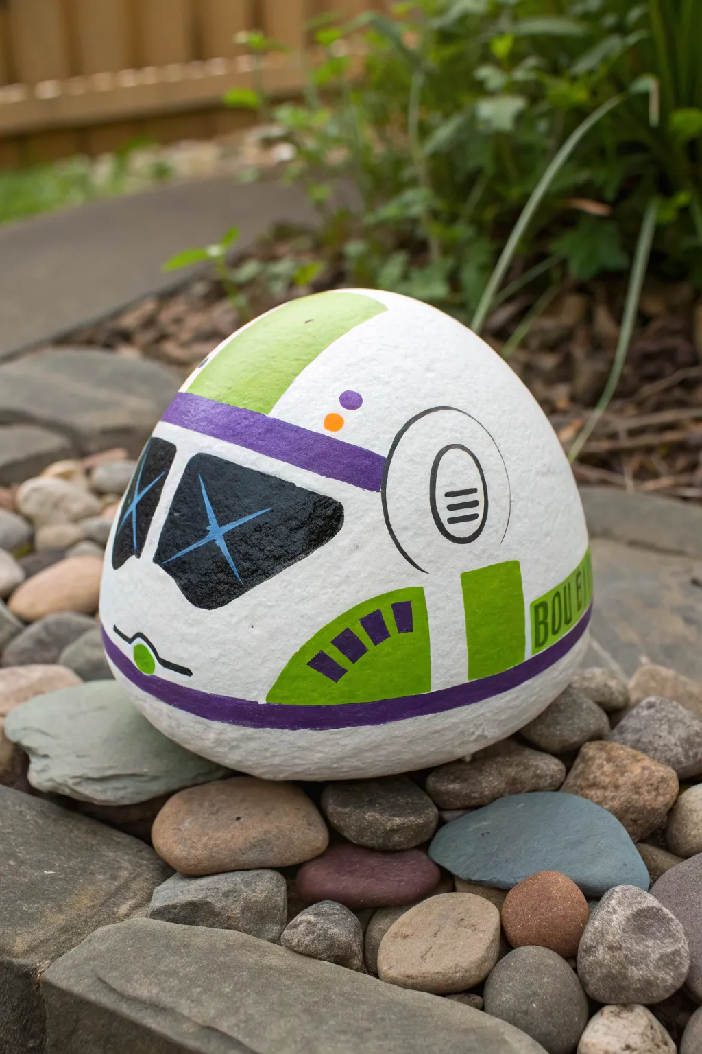 Paint a cute space ranger helmet rock with clean lines, bold green and purple, minimalist style