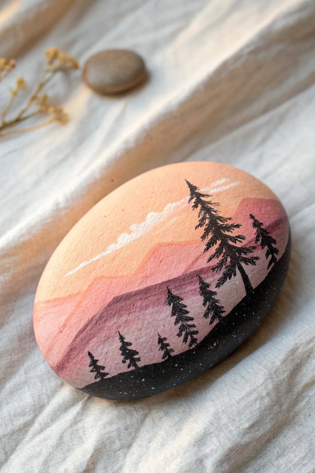 A minimalist sunset landscape rock with warm golden light and crisp handcrafted detail