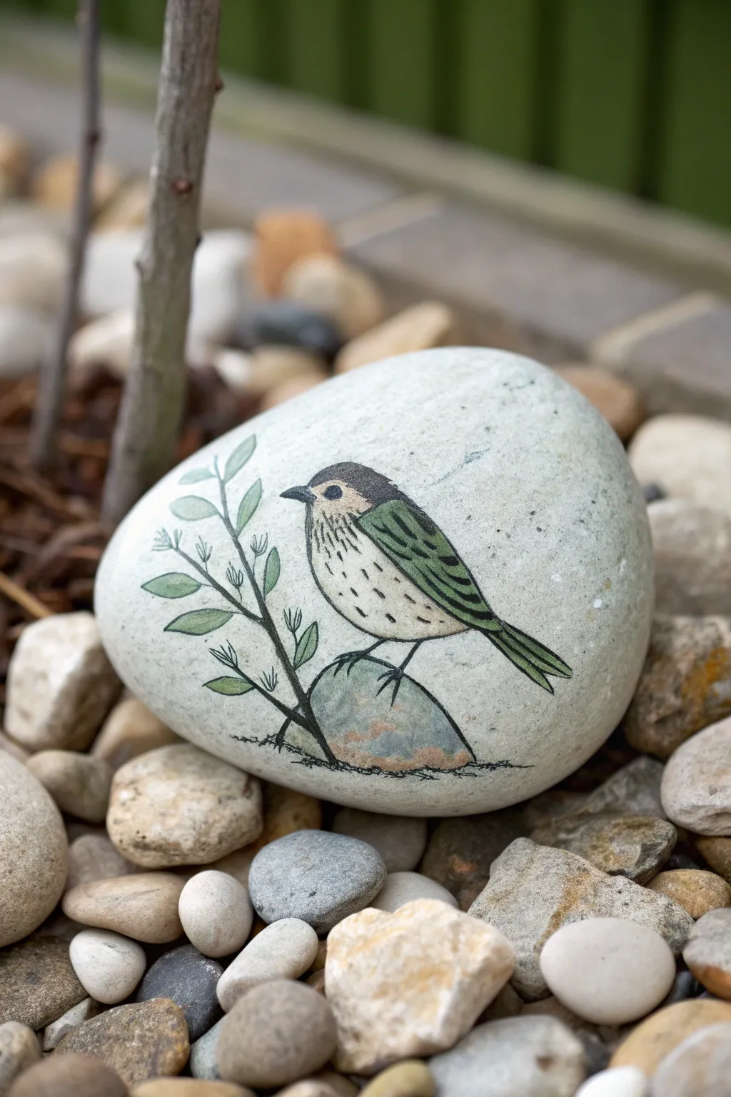 Minimalist bird and feather painted rock for a serene garden spot under your bird feeder.