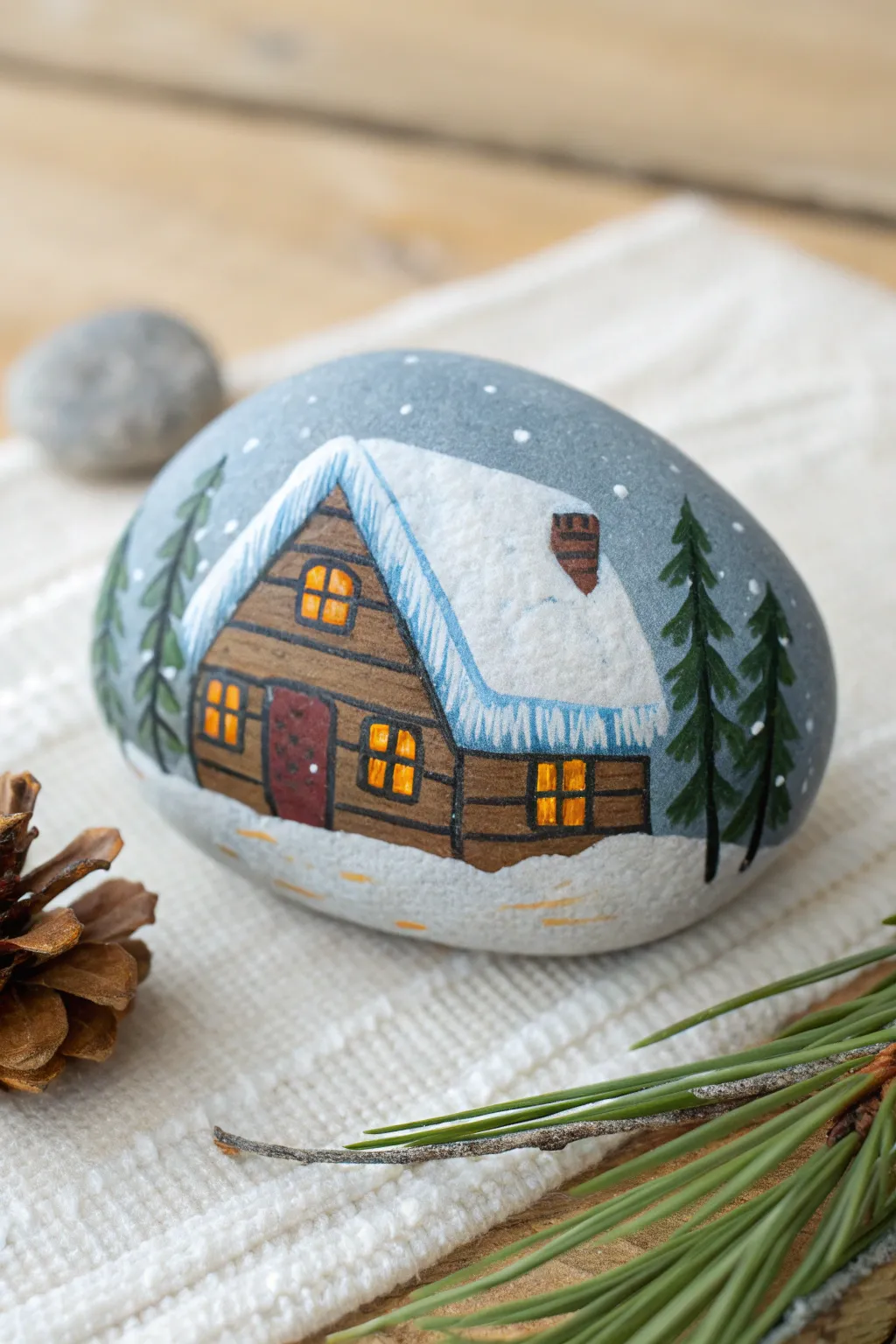 Cozy winter cabin rock painting with snowy roof, cool shadows, and warm glowing windows