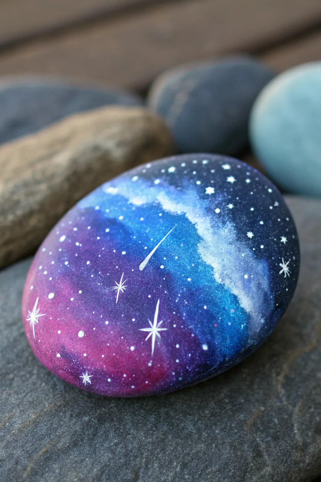Starry galaxy rock with dreamy purple-blue blends and crisp white splatter stars