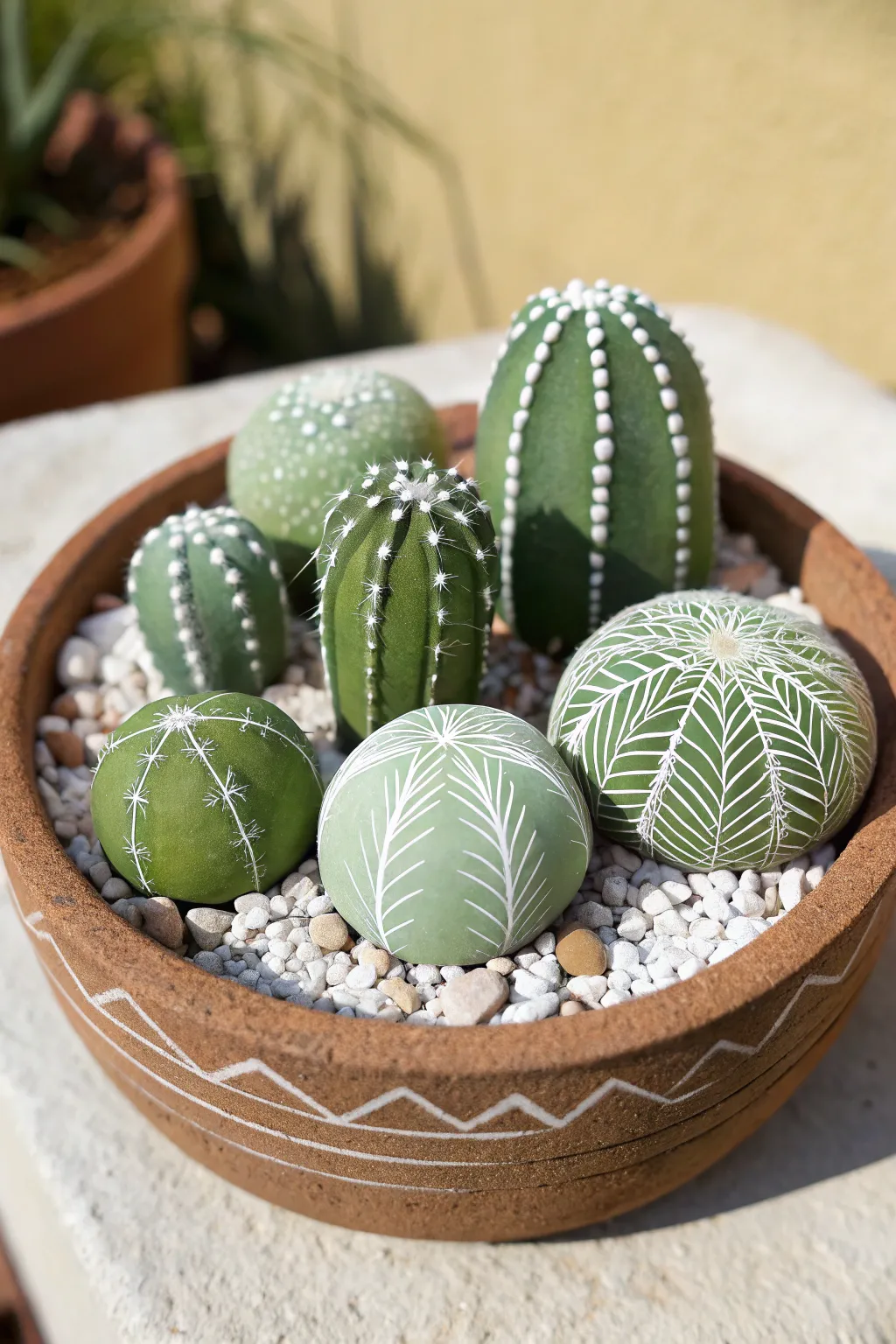 Transform smooth river stones into an adorable, everlasting miniature cactus garden.