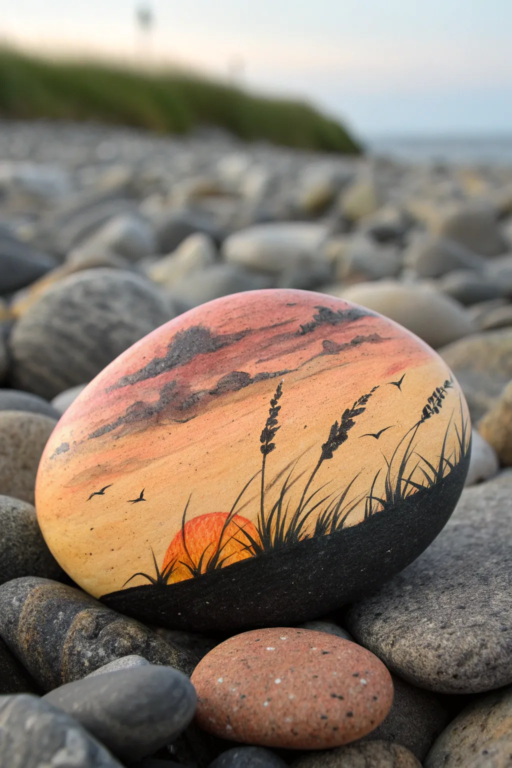 Minimal sunset dune silhouette rock painting idea for calm beach vibes and bold contrast