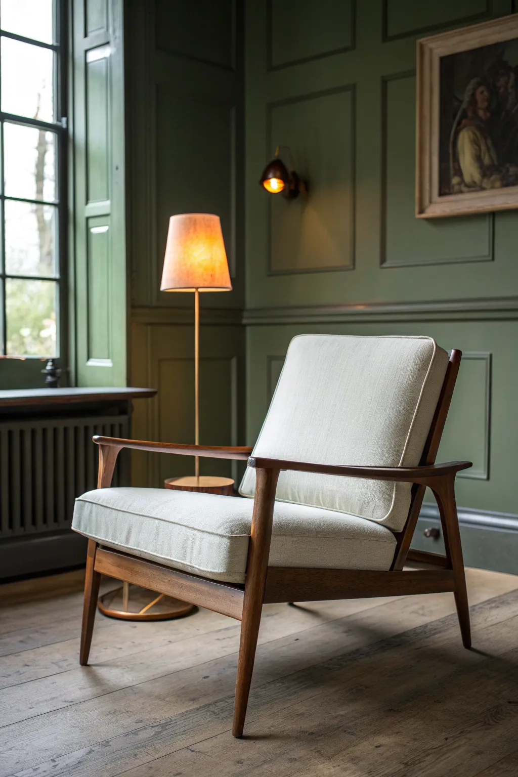 Moody olive walls meet warm light for a grounded library nook with Scandinavian calm.