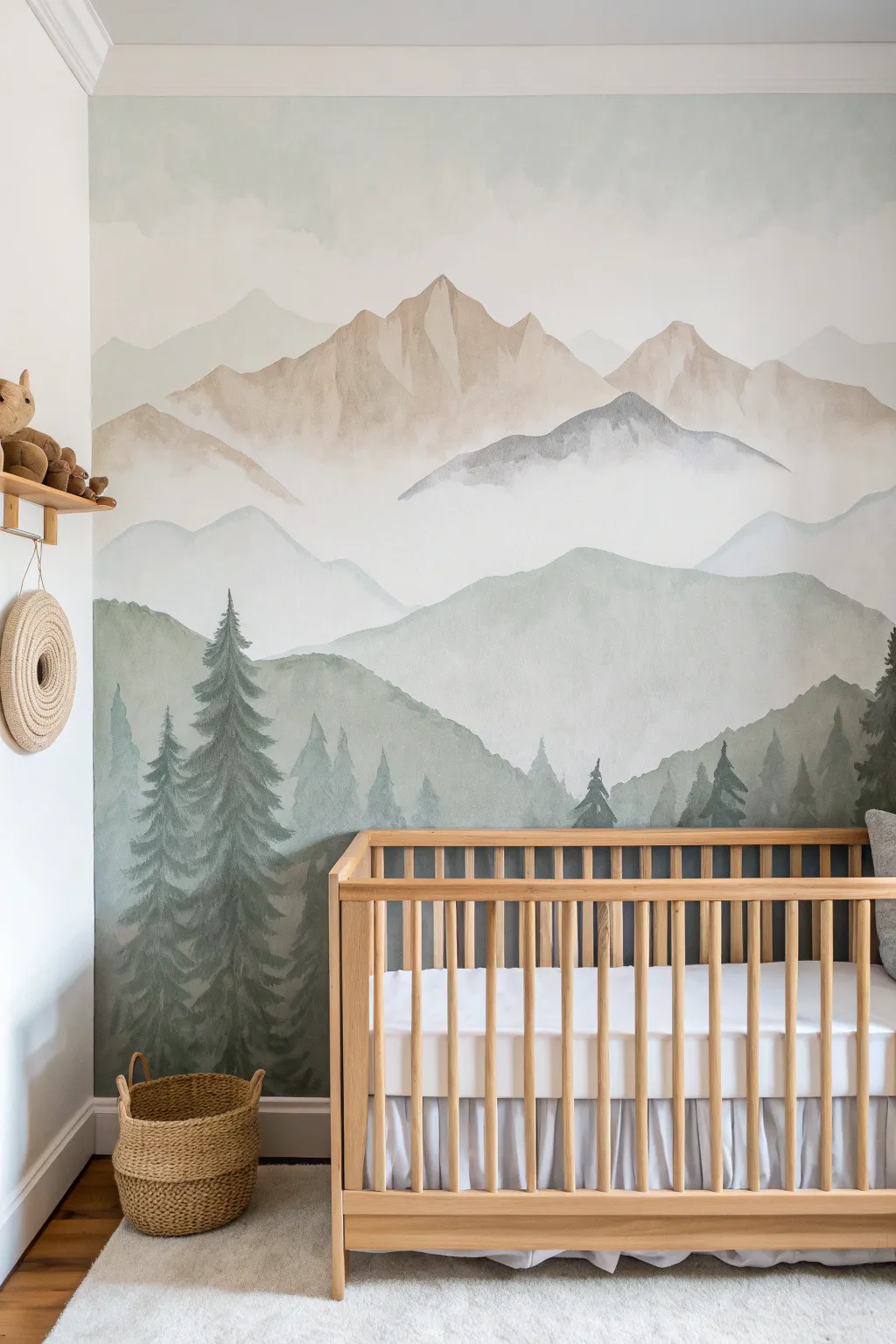 Paint a calm misty mountain mural for a Scandinavian-boho nursery, soft layers and warm wood accents.