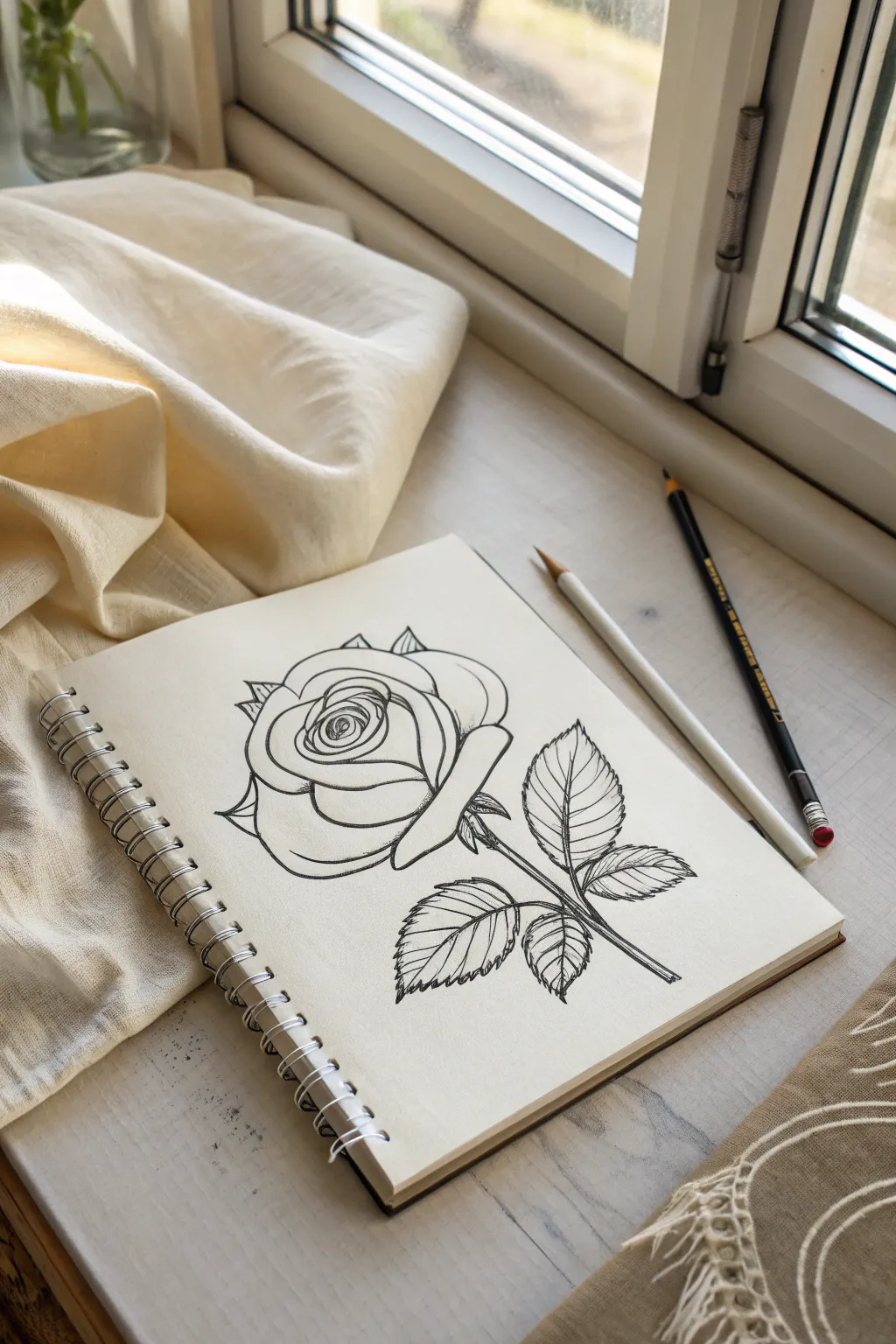 Bold ink over faint pencil: a minimal rose sketch with clean contours and gentle hatching