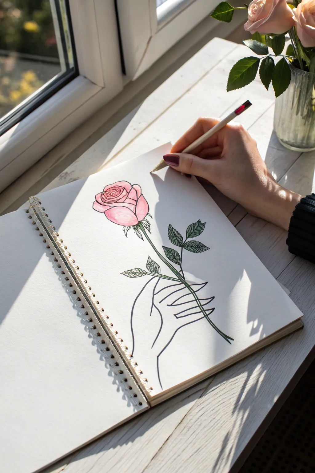 A loose hand sketch offering one detailed rose, minimalist Scandinavian style with soft boho warmth.