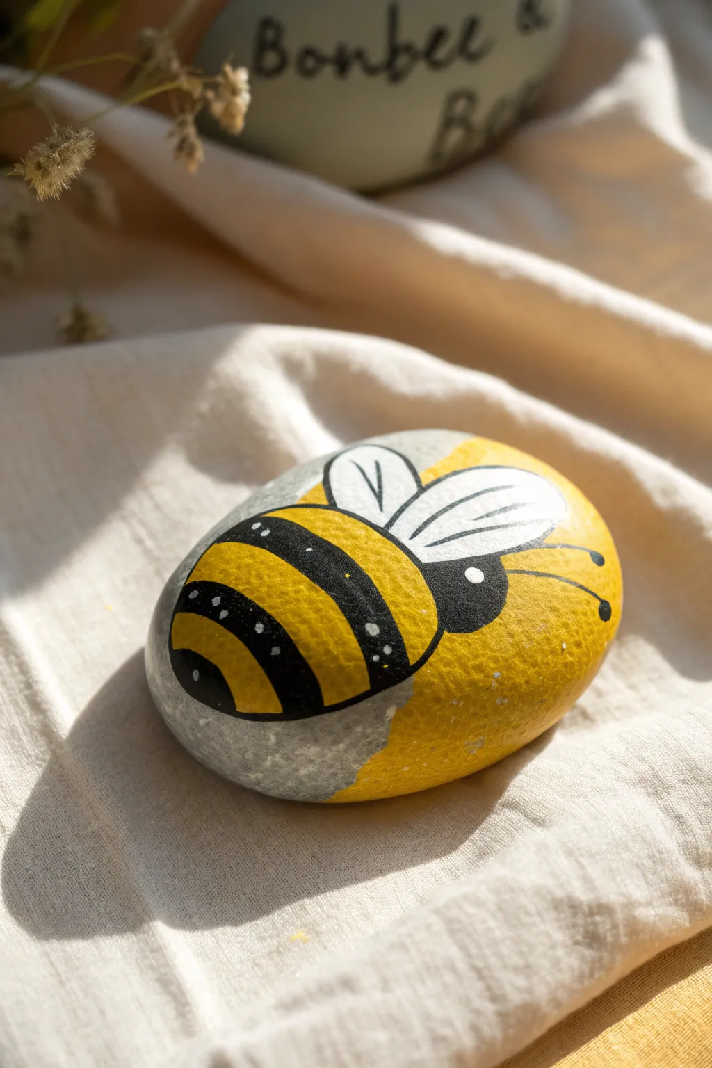 Round rock bumblebee with bold stripes and simple wings, perfect for minimalist boho decor