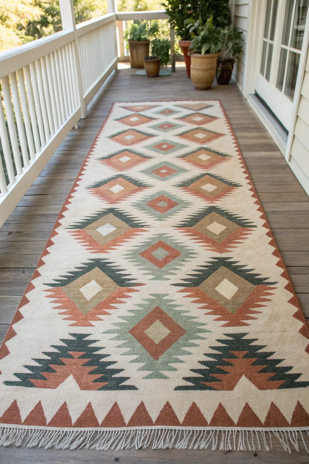 Southwestern zigzag rug painting idea in earthy tones for a minimalist boho sunroom look