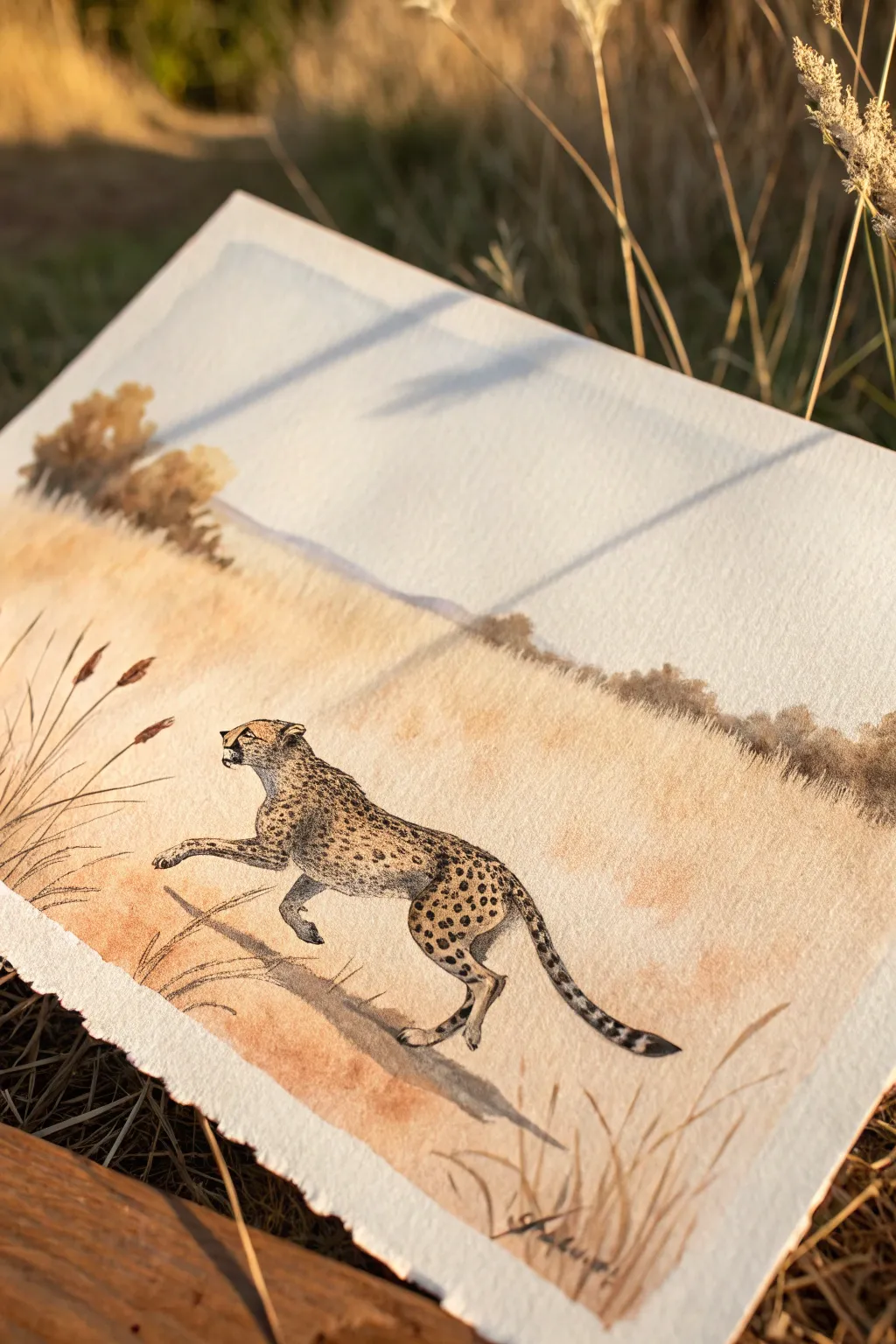 Loose cheetah speed study in warm savanna tones, minimalist safari painting inspiration