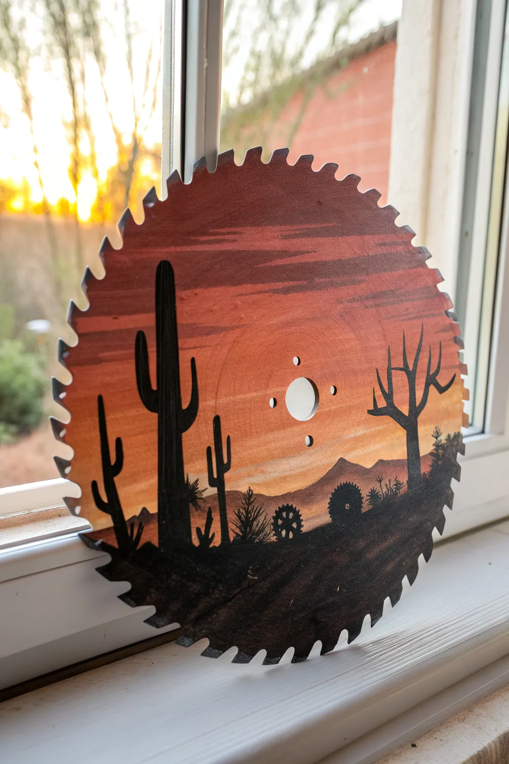 Desert sunset saw blade art with bold cactus silhouettes, minimalist boho warmth