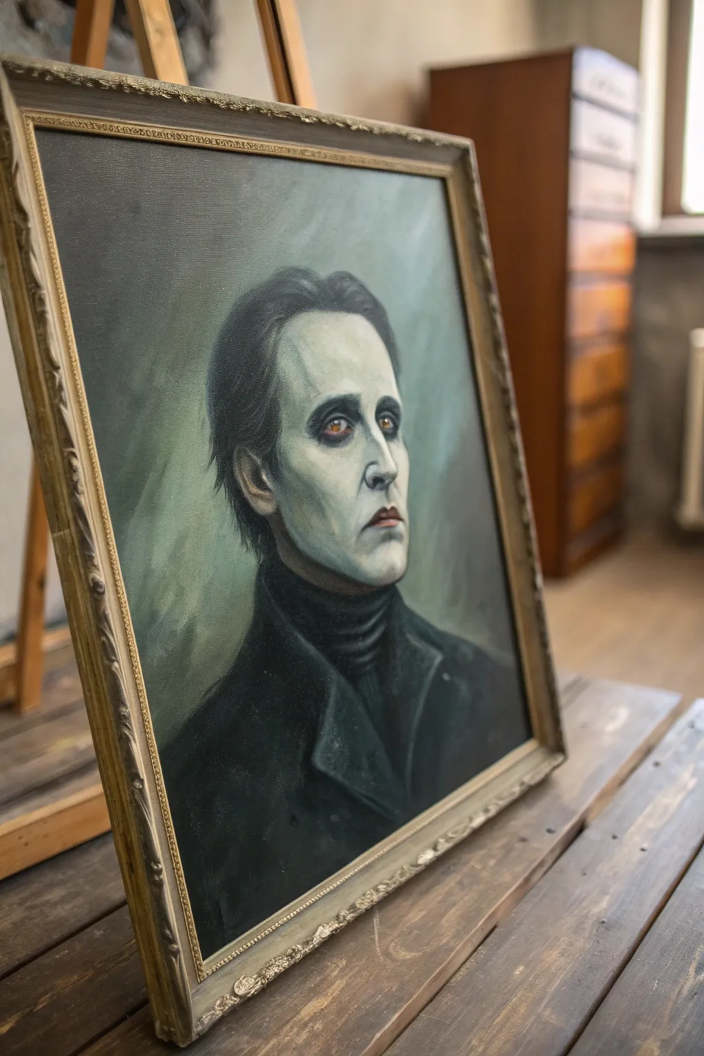 Phantom portrait painting with fading features and hollow eyes in minimalist, chilling tones