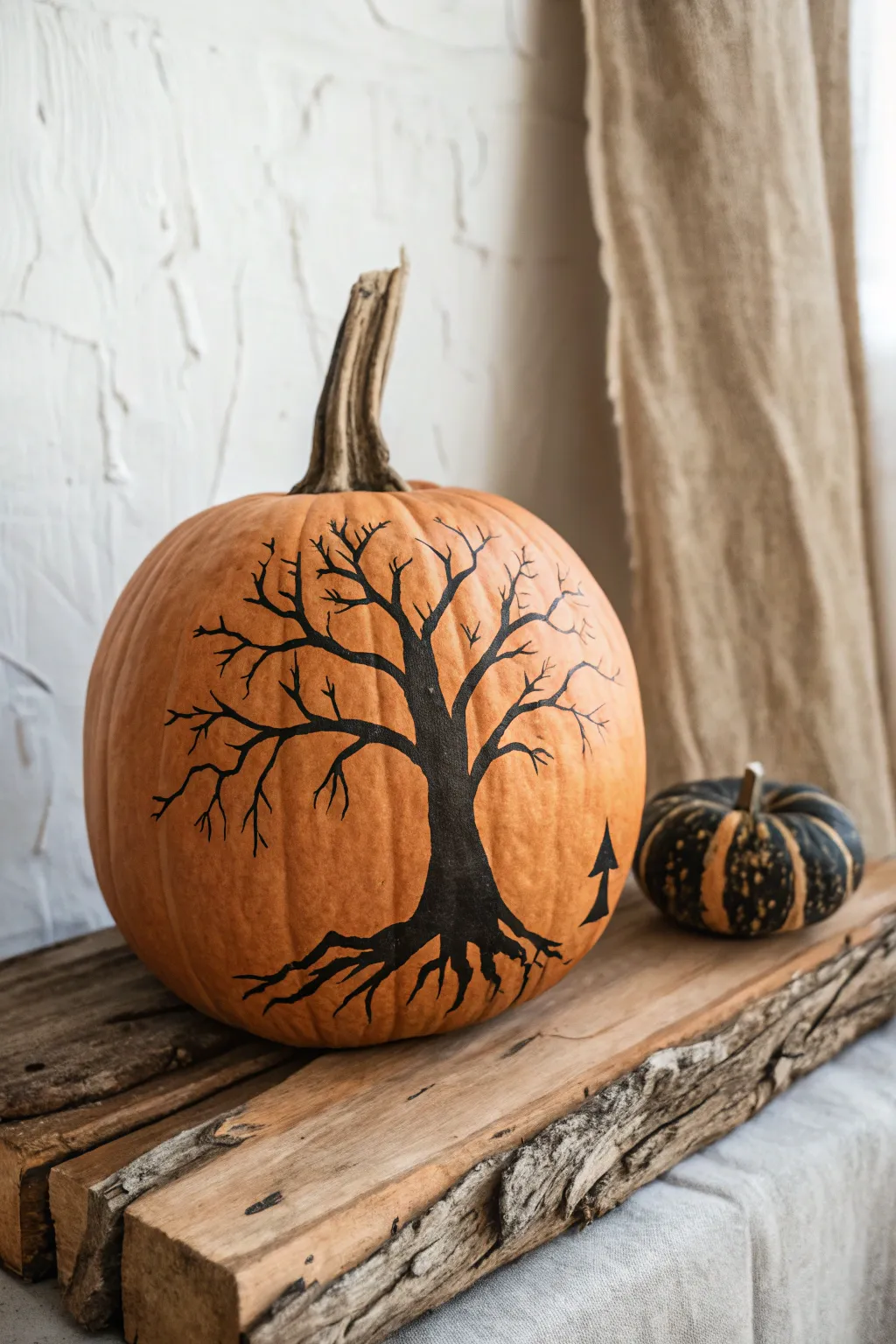 Scandinavian boho pumpkin with gnarled tree and shadow bats, dramatic contrast, adult-friendly.