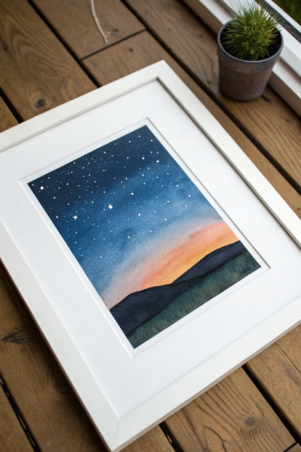 Calm night sky study: starry gradient over quiet hills, simple shapes, bold contrast