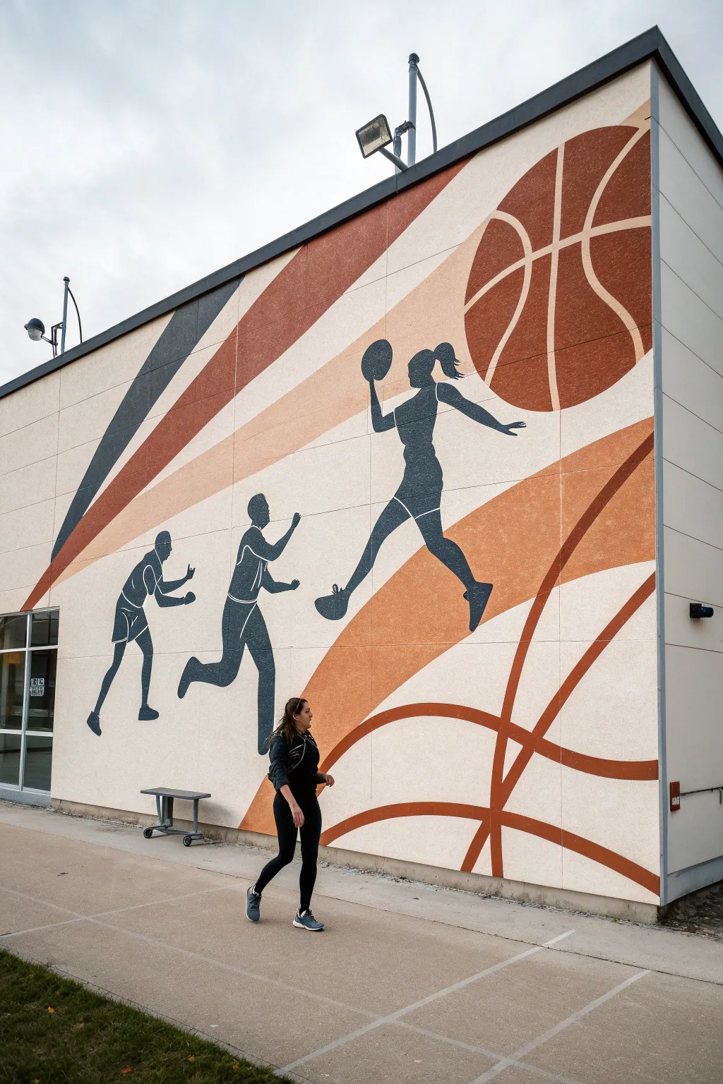 Sports and teamwork mural idea with bold silhouettes in motion, minimalist Scandinavian boho contrast.