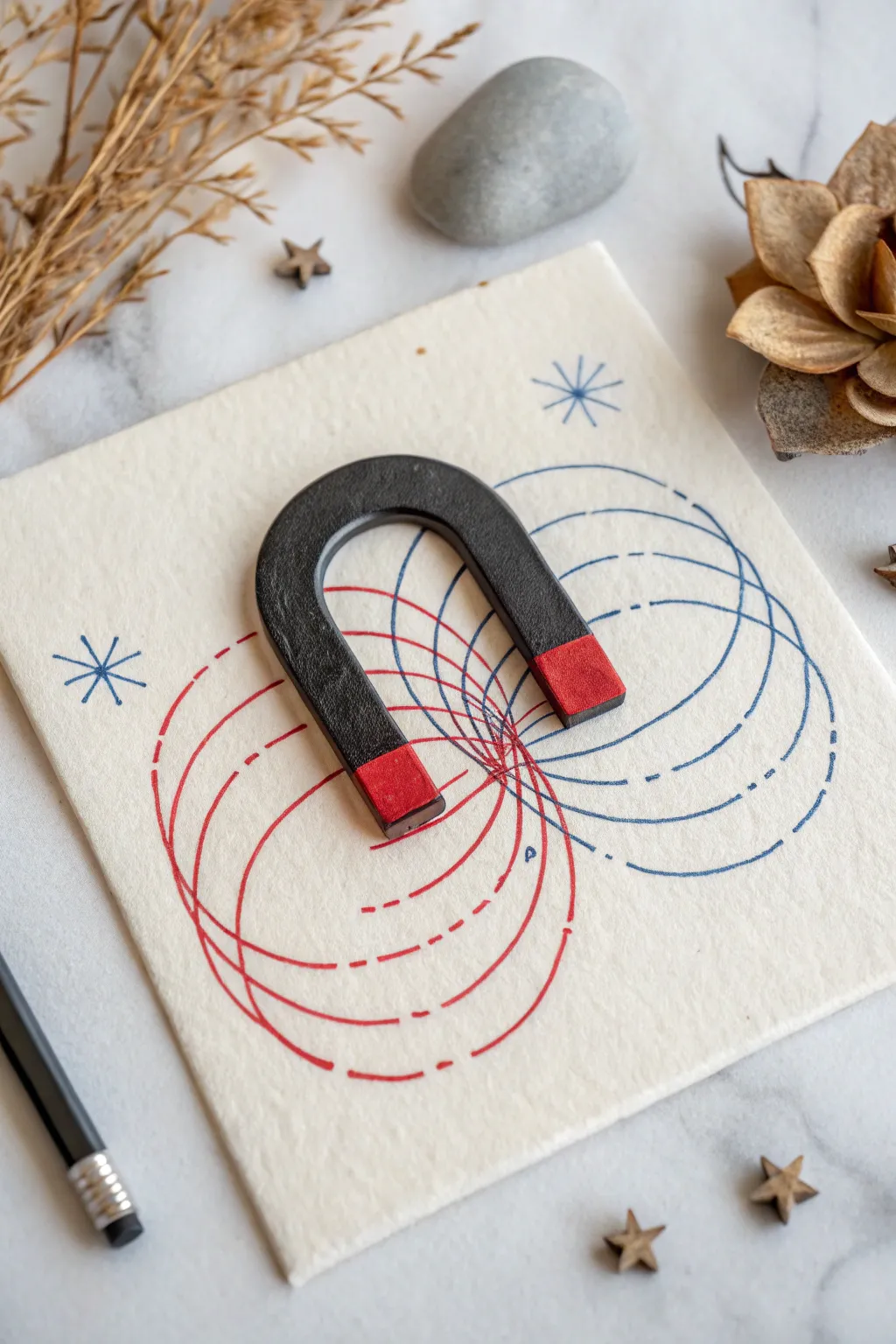 Two-color magnet field lines in red and blue, a clean science sketch with minimalist calm.