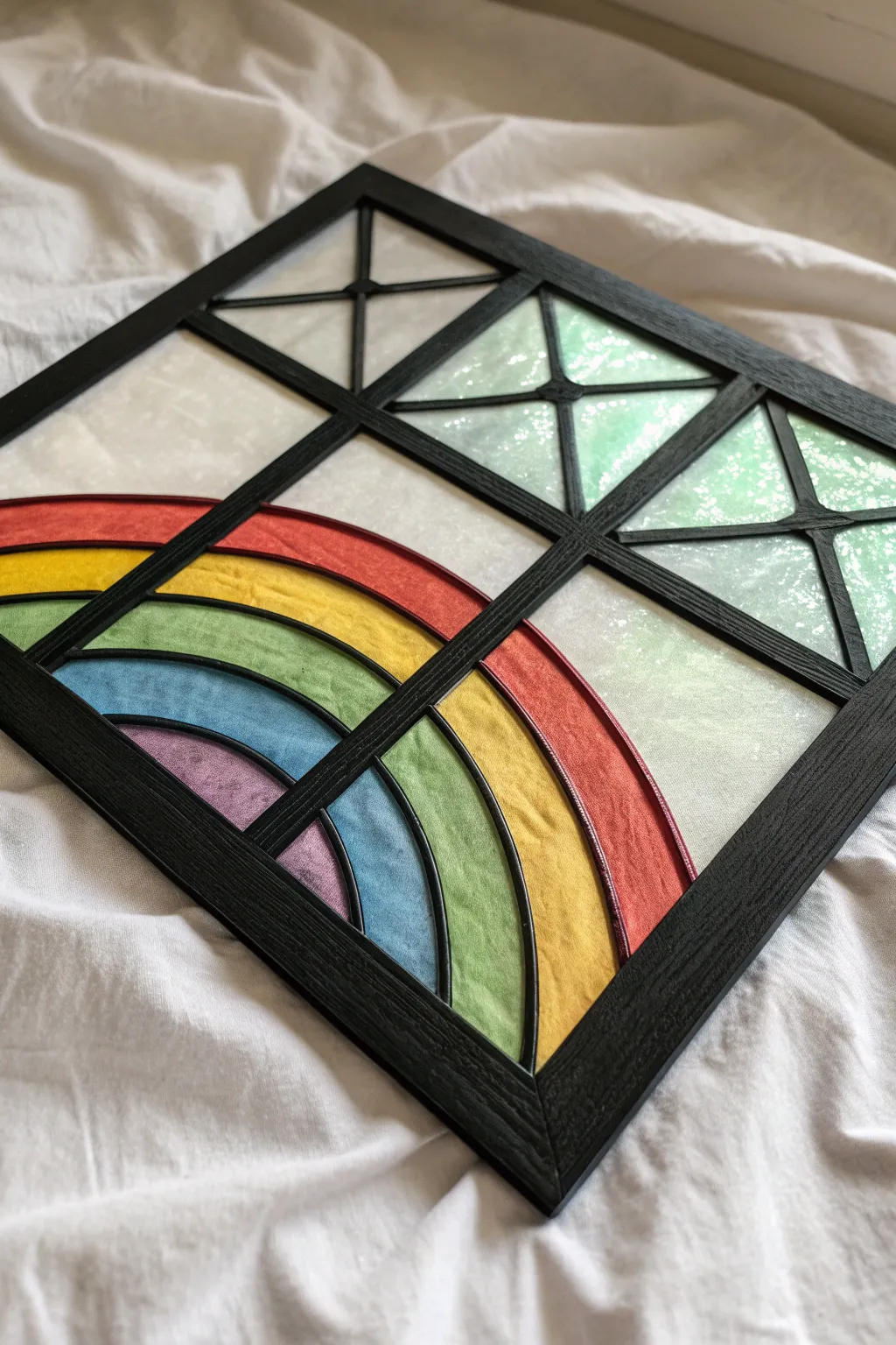Scratch art stained-glass panel with bold black lines and vibrant scratched color shards