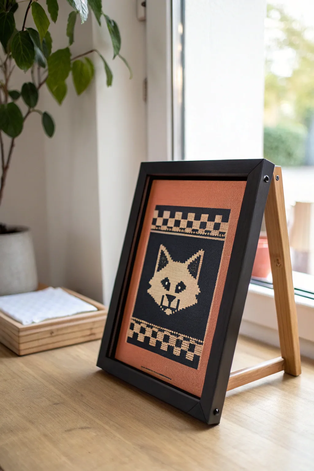 Pixel-style pet portrait on a silk screen, showing the mesh close-up for a crisp graphic effect