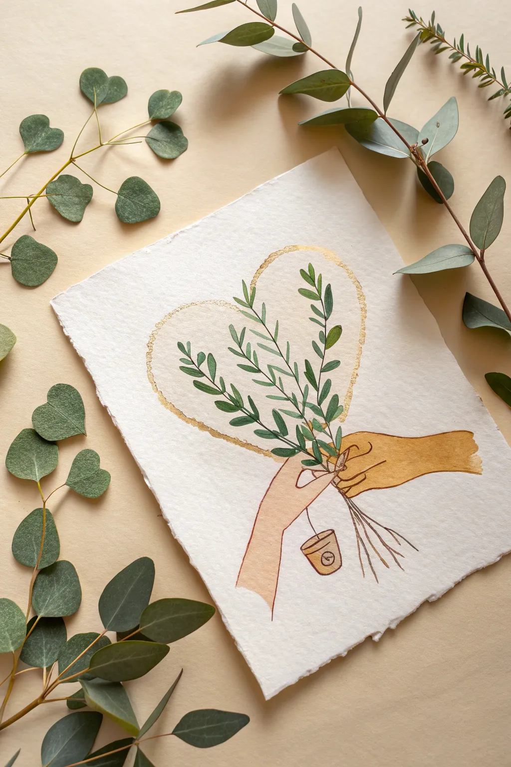 Water yourself gently: hands nurturing a tiny heart-plant in soft greens and warm light