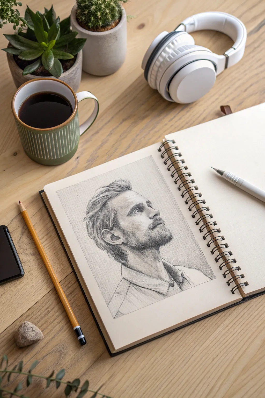 Cozy hobby-prop self-portrait: sketch your face and let everyday objects frame the story.