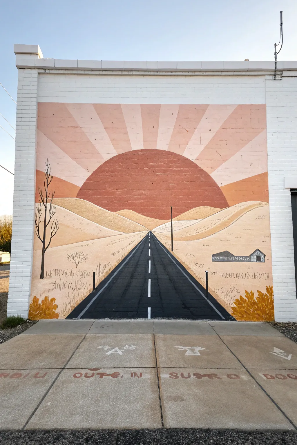 Road to the Horizon mural concept with milestone markers, minimalist Scandinavian style with boho warmth