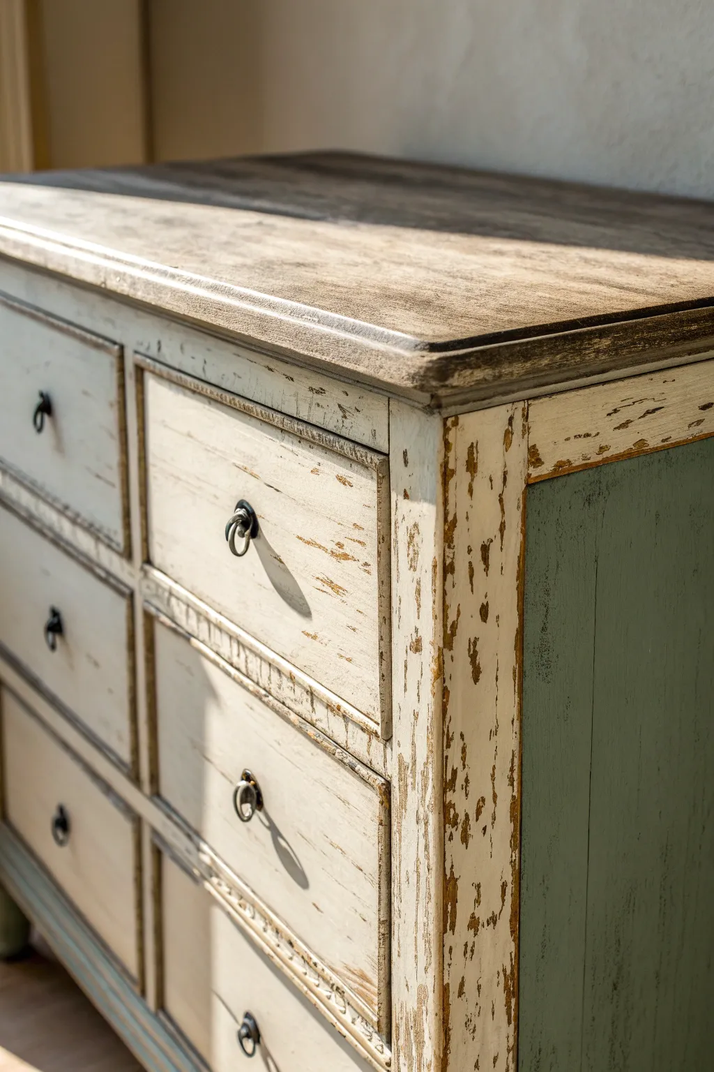 Layered sanding reveals bold chippy edges and rich undercoats for effortless shabby chic charm.
