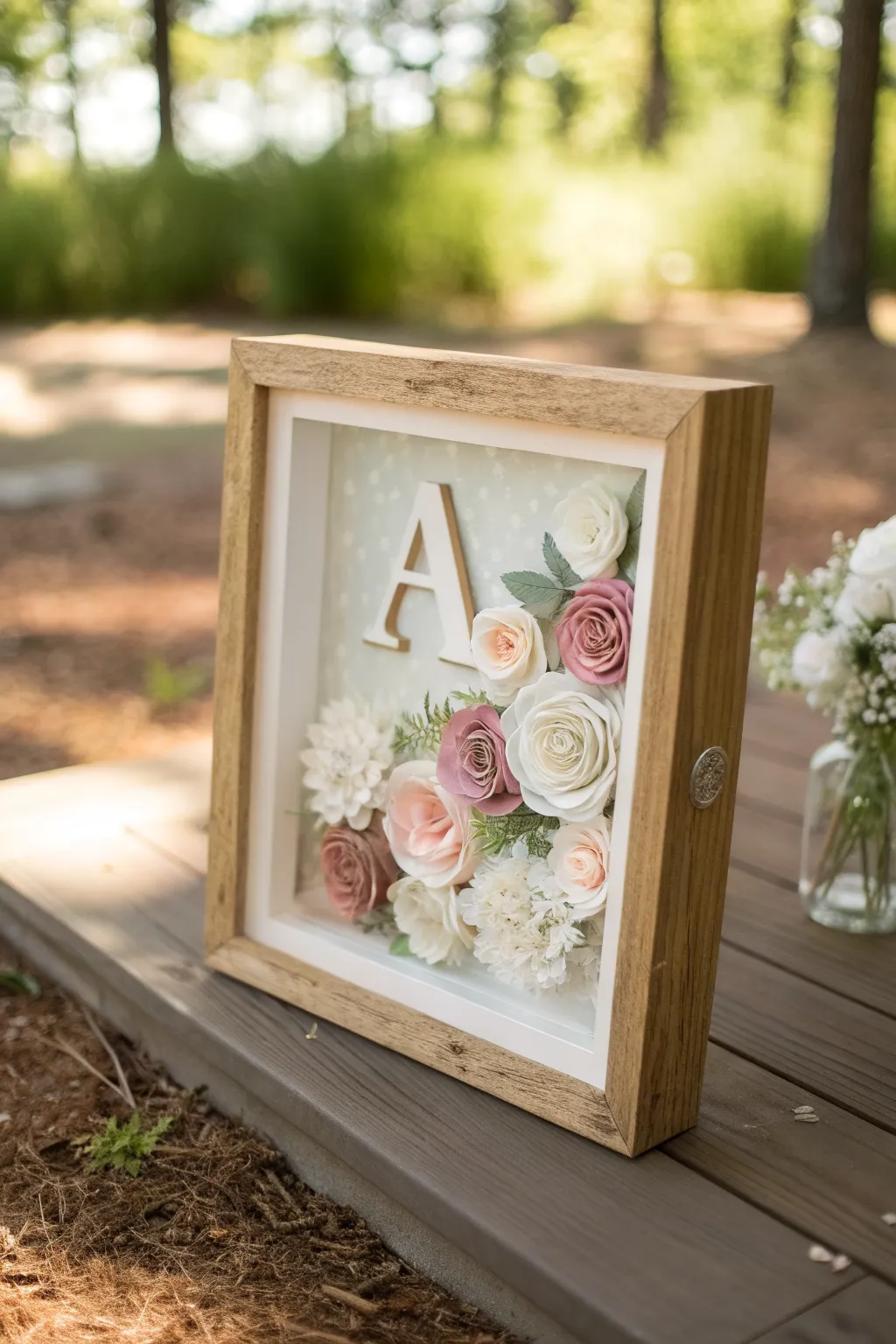 Paper flower monogram shadow box with layered blooms and soft 3D shadows in a minimalist oak frame