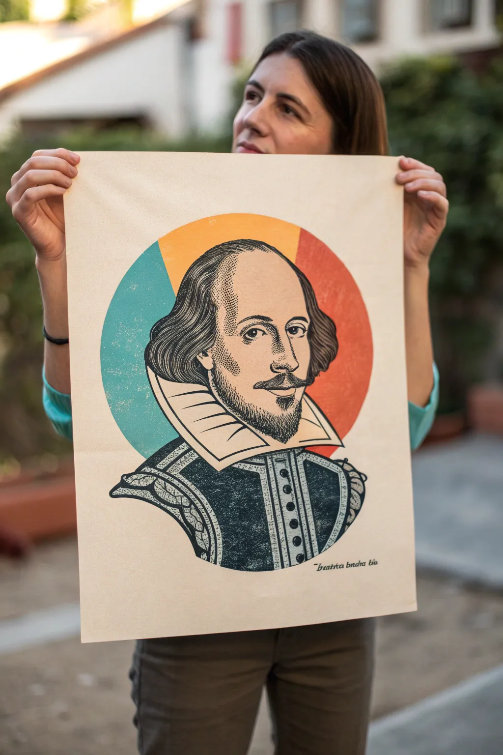 Try a minimalist color-block Shakespeare portrait with a patterned ruff and bold accent halo