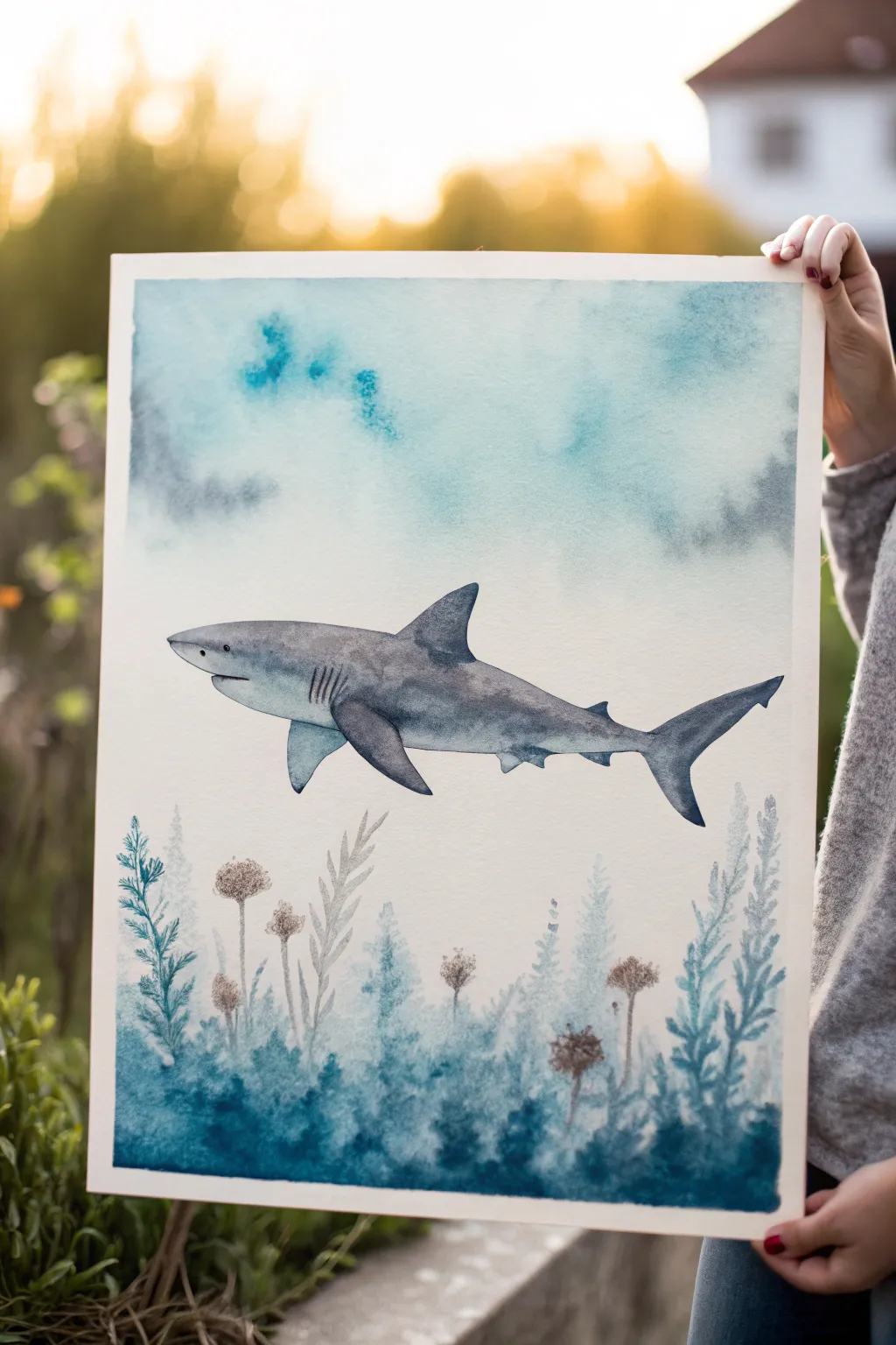 Watercolor shark over an aqua-to-indigo ocean gradient, minimalist and softly boho