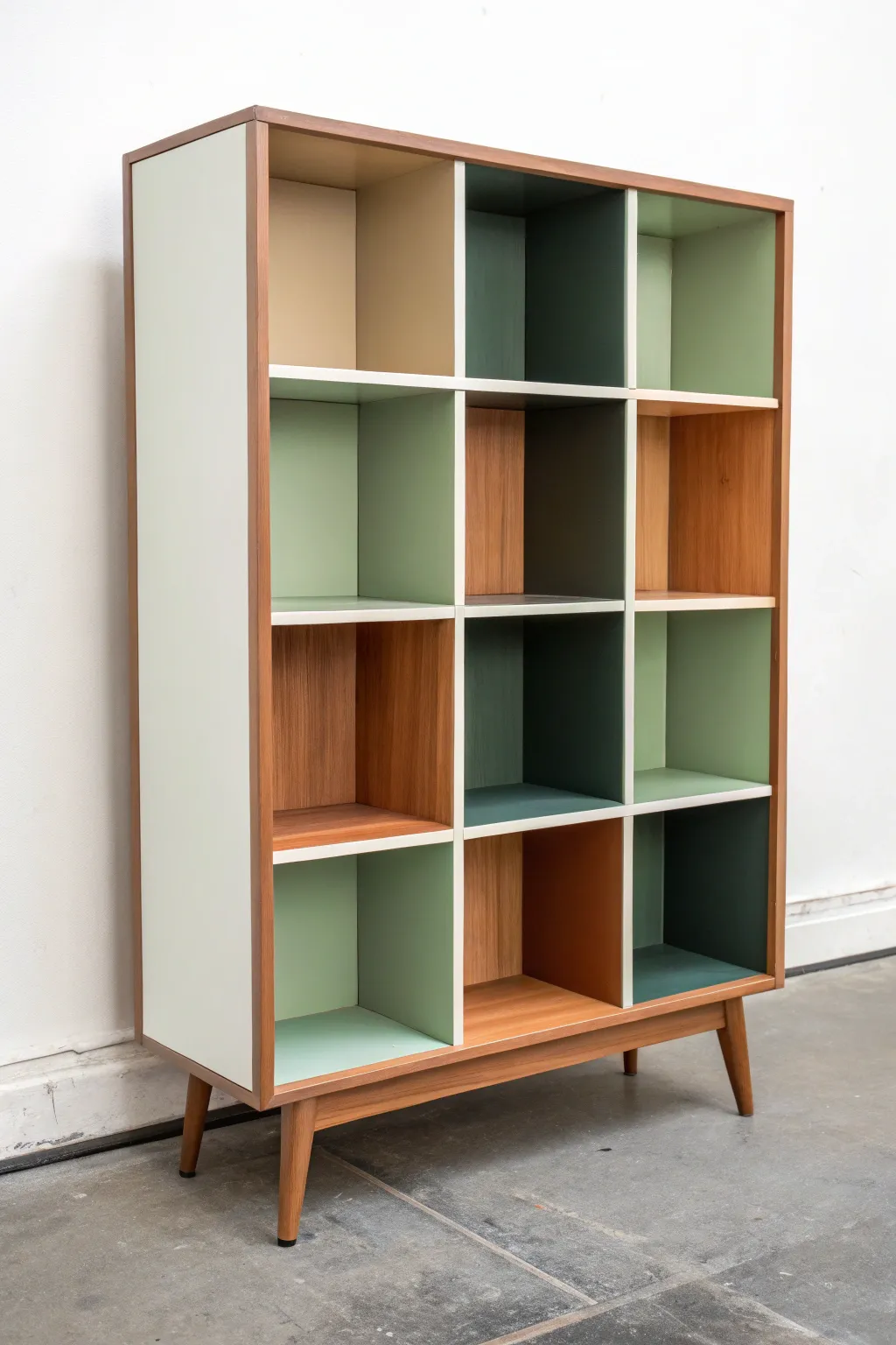 Color-blocked shelves in earthy tones with crisp edges for a clean modern minimalist-boho look