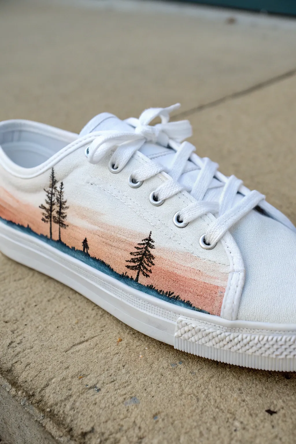 Wearable scenery: a minimalist side-panel landscape painted on a crisp white sneaker