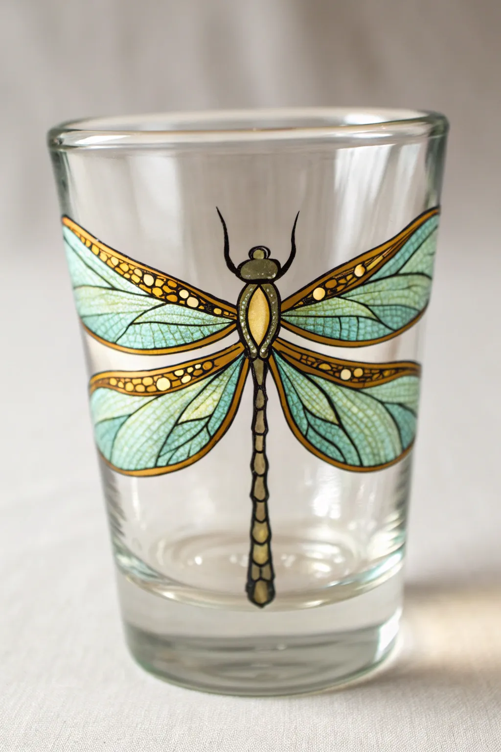 Luminous dragonfly wings on a hand-painted shot glass in a stained-glass style glow