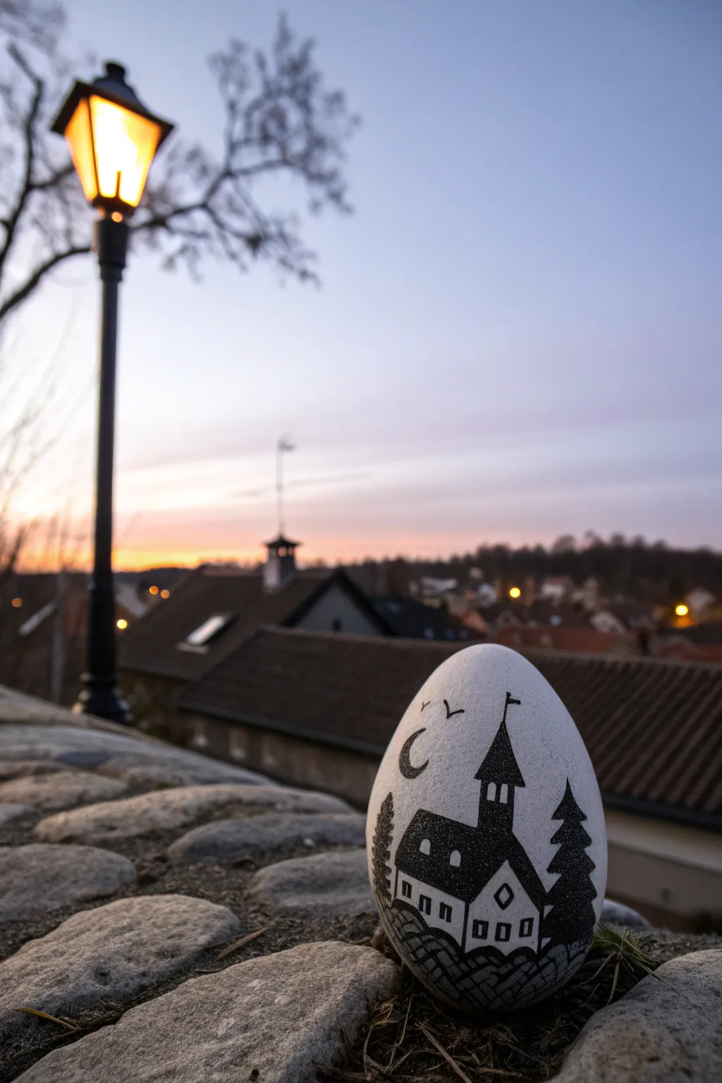 Dusky violet rooftop silhouettes with a glowing streetlamp, perfect for minimalist rock art.